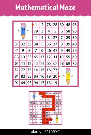 Labyrinthe mathématique. Jeu pour enfants. Labyrinthe drôle. Feuille de travail de développement de l'éducation. Page activité. Puzzle pour les enfants. Style de dessin animé. Énigme pour presc Illustration de Vecteur