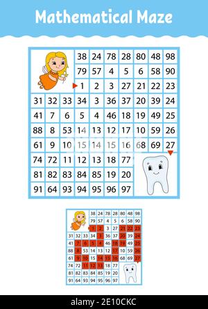 Labyrinthe mathématique. Jeu pour enfants. Labyrinthe drôle. Feuille de travail de développement de l'éducation. Page activité. Puzzle pour les enfants. Style de dessin animé. Énigme pour presc Illustration de Vecteur