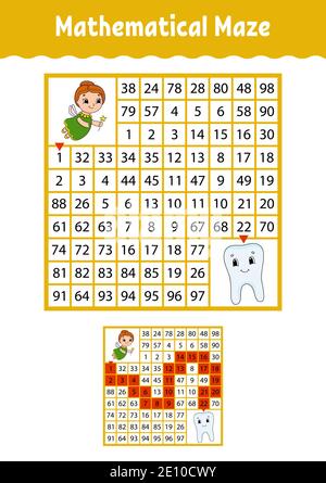 Labyrinthe mathématique. Jeu pour enfants. Labyrinthe drôle. Feuille de travail de développement de l'éducation. Page activité. Puzzle pour les enfants. Style de dessin animé. Énigme pour presc Illustration de Vecteur