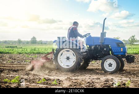 Un agriculteur sur un tracteur travaille dans le champ et soulève la poussière. Labourage dans le champ. Utilisation de machines agricoles et pour simplifier et accélérer le travail. Desserrage su Banque D'Images