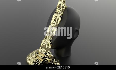 Psychédélique résumé or liquide métal chute sur noir tête 3d rendu Banque D'Images