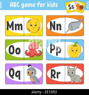 Définissez les cartes flash ABC. Alphabet pour enfants. Lettres d'apprentissage. Feuille de travail de développement de l'éducation. Page d'activité pour l'étude en anglais. Jeu pour enfants. Drôle de ch Illustration de Vecteur