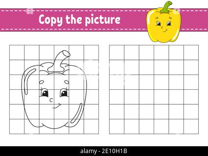 Copy the picture. Coloring book pages for kids. Education developing worksheet. Game for children. Handwriting practice. Funny character. Cute cartoon Stock Vector