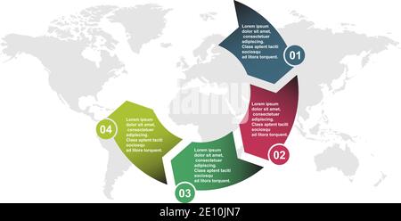 élément vectoriel 4 étapes en quatre couleurs avec étiquettes, diagramme d'infographie. Concept d'affaires de 4 étapes ou options avec carte . Illustration de Vecteur