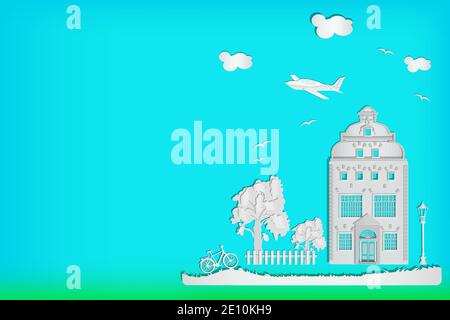 Maison en papier, arbre, vélo, lampe de rue, avion et nuages.pour l'immobilier, la réparation, la construction, la vente ou l'assurance maison avec l'espace de copie.Vector Illustration de Vecteur