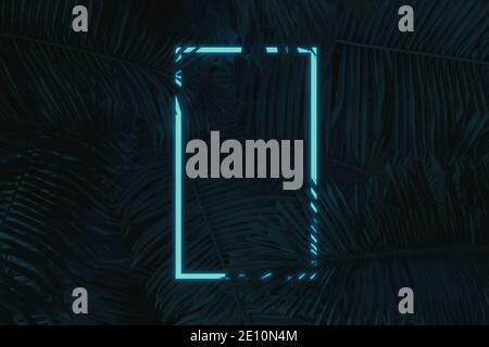 rendu tridimensionnel de la lumière néon rectangulaire blanche avec des feuilles tropicales. Conception plate de style naturel minimal Banque D'Images