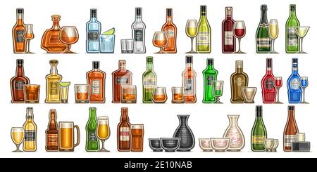 Ensemble d'alcool vectoriel, illustrations de boissons spiritueuses dures en bouteilles et verres, vin rouge et blanc de qualité supérieure en verre de vin, bière froide et Illustration de Vecteur