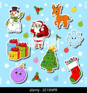 Ensemble de personnages de dessin animé de noël. Bonhomme de neige, cerf, Père Noël, flocon de neige, cadeaux, sapin de Noël, chaussette, boule de Noël. Bonne Année. Couleur ve Illustration de Vecteur