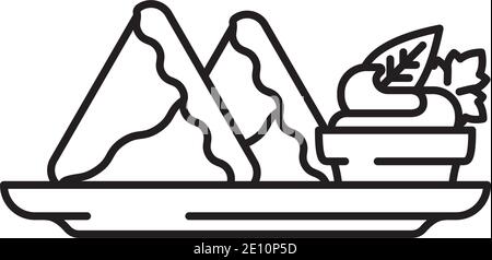 Indian Samosa sur une assiette avec cilantro et chutney à la menthe dans un bol icône en forme de ligne vectorielle pour la journée de Samosa du 5 septembre. Illustration de Vecteur