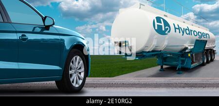 Voiture bleue sur carburant hydrogène avec remorque réservoir H2 activée un fond de champ vert et de ciel bleu Banque D'Images