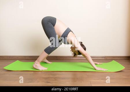 Grossesse Yoga et Fitness concept à l'heure du coronavirus. La femme enceinte médite à l'intérieur dans la pose de yoga. Femme appréciant dans la méditation. Banque D'Images