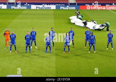 Madrid, Espagne. 03ème janvier 2021. Photo de l'équipe de Getafe CF avec Ruben Yanez, David Timor, Nemanja Maksimovic, Mathias Olivera, Francisco Portillo, Xavier Etxeita, Marc Cucurella, Juan Antonio Iglesias, Jaime Mata, Djene Dakonam et Angel Rodriguez pendant le match de la Liga. Madrid, Espagne, le 30 décembre 2020. Photo par Acero/AlterPhotos/ABACAPRESS.COM crédit: ABACAPRESS/Alay Live News Banque D'Images