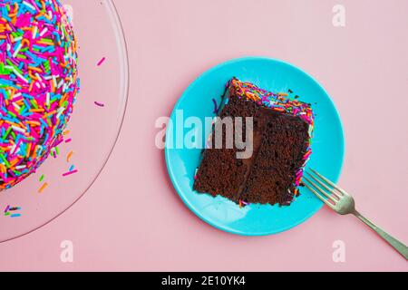 Tranche de gâteau au chocolat sur une plaque Banque D'Images