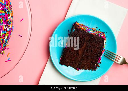 Tranche de gâteau au chocolat sur une plaque Banque D'Images