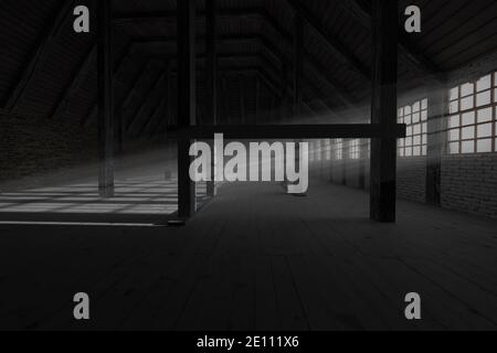 rendu 3d de grenier sombre vide avec rayons lumineux à travers fenêtres Banque D'Images