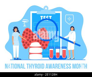 Le mois de la sensibilisation à la thyroïde est célébré en janvier aux États-Unis. Vecteur de concept d'hypothyroïdie. Les endocrinologues diagnostiquent et traitent la glande thyroïde humaine. Test Illustration de Vecteur