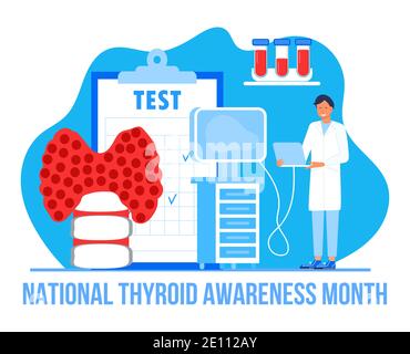 Le mois de la sensibilisation à la thyroïde est célébré en janvier aux États-Unis. Vecteur de concept d'hypothyroïdie. Les endocrinologues diagnostiquent et traitent la glande thyroïde humaine. Test Illustration de Vecteur