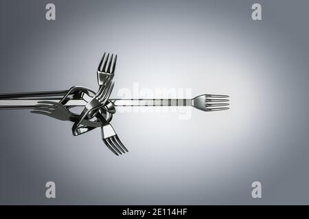 Le chaos et le désordre dans la forme des fourches métalliques se transforme en une fourche métallique droite sur fond blanc-gris. Psychothérapie. illustration 3d Banque D'Images