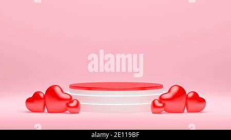 Podium rouge et blanc de Saint-Valentin avec coeurs en rendu 3D pour la scène de présentation du produit. Plate-forme d'affichage Banque D'Images