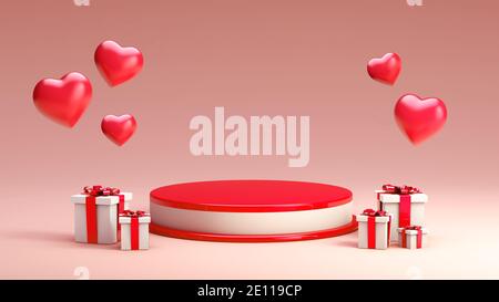 Podium rouge et blanc de la Saint-Valentin avec coeurs et cadeaux en rendu 3D pour la scène de présentation des produits. Plate-forme d'affichage Banque D'Images