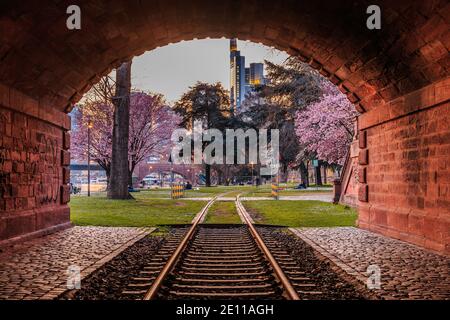 Tunnel ferroviaire avec une ancienne voie à travers un parc sur les rives du main. Horizon de Francfort avec gratte-ciel en arrière-plan dans la soirée. Violet Banque D'Images