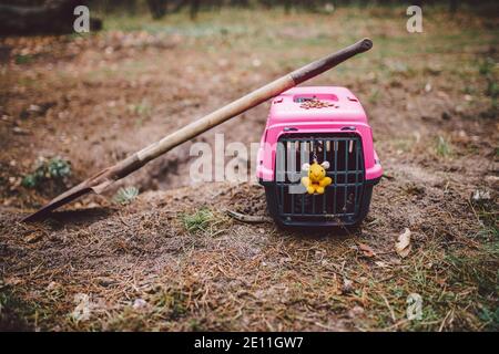 Tombe de l'animal de compagnie aimé de la famille, un sable de monticule. Parcelle de dépression rêveuse, petit animal chiot est enterré dans la forêt, animal de compagnie carier et jouet sur fraîchement creusé gra Banque D'Images