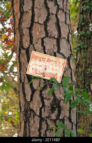 Un panneau météo indiquant « propriété privée, pas d'intrusion » est affiché sur le tronc d'un arbre pour avertir les personnes qui s'éloignent Banque D'Images