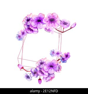 Cerisiers en fleurs, cerisiers en fleurs branche avec des fleurs de lilas brillantes sur un cadre géométrique sur un fond blanc isolé. Image du ressort. Aquarelle Banque D'Images