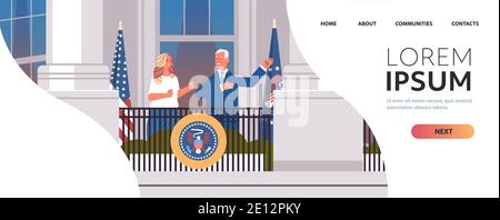 Démocrate vainqueur de l'élection présidentielle américaine homme président debout Avec la première dame sur le balcon blanc maison USA jour d'inauguration illustration vectorielle horizontale de l'espace de copie pleine longueur du concept Illustration de Vecteur