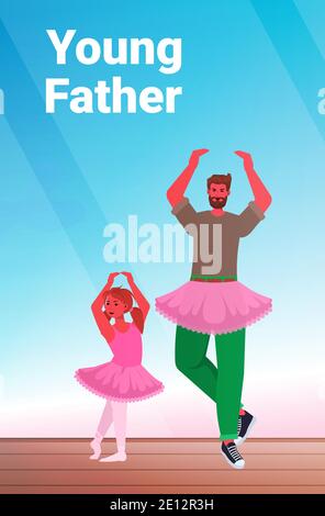 père et fille en jupes roses dansant comme ballerinas ballet leçon parenting paternité concept papa passer du temps avec son enfant illustration vectorielle verticale pleine longueur Illustration de Vecteur