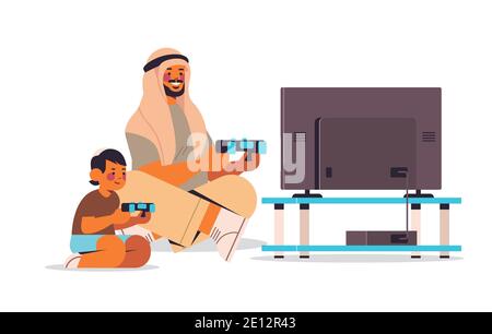 père arabe jouant à des jeux vidéo sur la console de jeux avec peu son parent paternité concept papa passer du temps avec son enfant illustration vectorielle horizontale pleine longueur Illustration de Vecteur