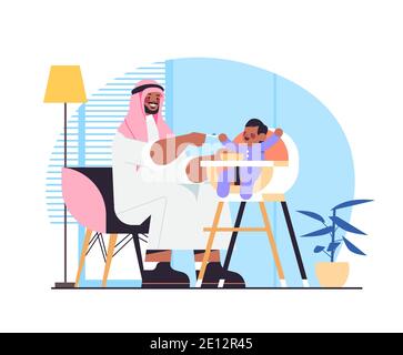 un père arabe nourrissant son petit fils sur une chaise de repas pour enfants paternité parent concept papa passer du temps avec bébé à la maison illustration vectorielle horizontale pleine longueur Illustration de Vecteur