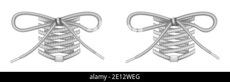 Lacets pour chaussures avec noeud papillon, accessoires de foot, lacets gris avec maquette d'eglets, cordes, éléments décoratifs pour baskets isolés sur fond blanc, illustration vectorielle 3d réaliste, jeu d'icônes Illustration de Vecteur