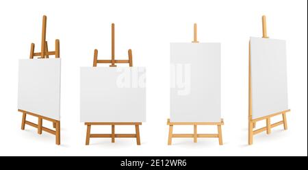 Chevalets en bois ou tableaux de peinture avec vue avant et latérale en toile blanche. Maquette d'affiches vierges. Supports en bois avec papier ou tissu, équipement d'artiste, illustrations vectorielles 3d réalistes, modèles Illustration de Vecteur