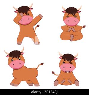 Petit mignon dessin animé marron taureau dans diverses poses illustration. Illustration de Vecteur