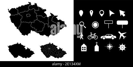 Carte des régions administratives de la République tchèque départements avec icônes. Carte emplacement PIN, flèche, verre regardant, panneau, homme, vélo, voiture, avion, h Illustration de Vecteur