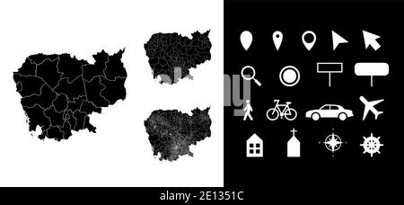 Carte des régions administratives du Cambodge départements avec icônes. Carte emplacement PIN, flèche, verre, panneau, homme, vélo, voiture, avion, maison, Illustration de Vecteur