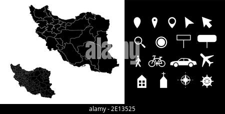 Carte des régions administratives de l'Iran départements avec icônes. Carte emplacement PIN, flèche, verre regardant, panneau, homme, vélo, voiture, avion, maison. Roya Illustration de Vecteur