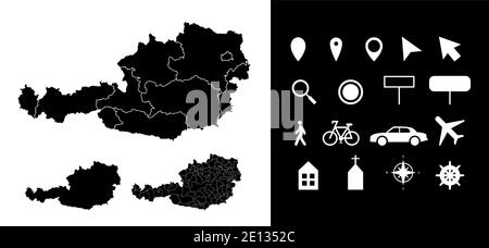 Carte des régions administratives de l'Autriche départements avec icônes. Pointeur de carte, flèche, verre regardant, panneau, homme, vélo, voiture, avion, maison, église Illustration de Vecteur