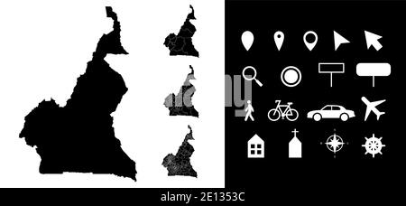 Carte des régions administratives du Cameroun départements avec icônes. Carte emplacement PIN, flèche, verre regardant, panneau, homme, vélo, voiture, avion, maison. Illustration de Vecteur