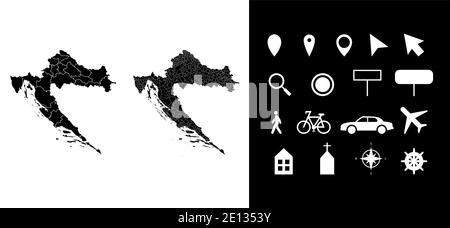 Carte des régions administratives de Croatie départements avec icônes. Carte emplacement PIN, flèche, verre regardant, panneau, homme, vélo, voiture, avion, maison. R Illustration de Vecteur
