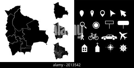 Carte des régions administratives de Bolivie départements avec icônes. Carte emplacement PIN, flèche, verre, panneau, homme, vélo, voiture, avion, maison, c Illustration de Vecteur