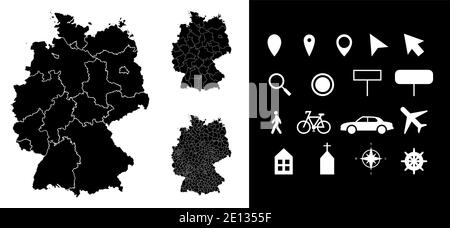 Carte des régions administratives de l'Allemagne départements avec icônes. Carte emplacement PIN, flèche, verre regardant, panneau, homme, vélo, voiture, avion, maison. R Illustration de Vecteur