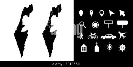 Carte des régions administratives d'Israël départements avec icônes. Carte emplacement PIN, flèche, verre regardant, panneau, homme, vélo, voiture, avion, maison. RO Illustration de Vecteur