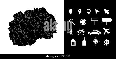 Carte des régions administratives de Macédoine départements avec icônes. Carte emplacement PIN, flèche, verre regardant, panneau, homme, vélo, voiture, avion, maison. Illustration de Vecteur