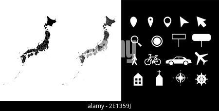 Carte des régions administratives du Japon départements avec icônes. Carte emplacement PIN, flèche, verre regardant, panneau, homme, vélo, voiture, avion, maison. Roy Illustration de Vecteur