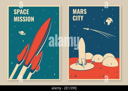 Posters, bannières, dépliants sur la ville et l'espace de Mars. Illustration vectorielle. Concept pour chemise, imprimé, timbre, fond de page ou modèle. Motif typographique vintage avec fusée spatiale et silhouette de la ville de mars. Illustration de Vecteur