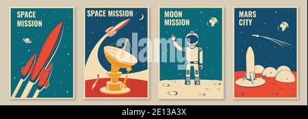 Posters, bannières, dépliants sur la ville et l'espace de Mars. Vecteur. Concept pour chemise, imprimé, timbre. Style typographique vintage avec fusée spatiale, astronaute sur la lune et ville sur mars silhouette. Illustration de Vecteur