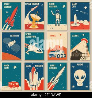 Affiches, bannières, dépliants de mission spatiale. Illustration vectorielle. Concept pour chemise, imprimé, timbre. Motif typographique vintage avec silhouette de fusée spatiale, d'extraterrestre et de camping-car. Illustration de Vecteur