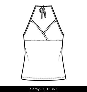 Haut tank de surf haut en jersey de coton illustration technique de la mode avec couture Empire, noeud, surdimensionné, longueur tunique. Modèle d'extérieur plat avant, couleur blanche. Caraco à effet maquette CAD pour femme homme Illustration de Vecteur